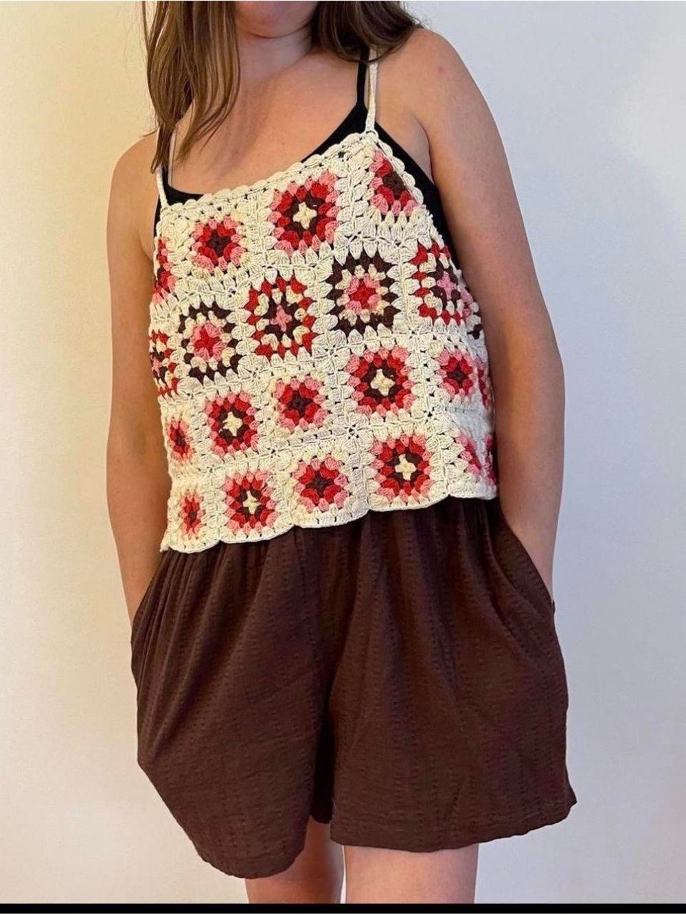 Crochet Square-Panel Tank Top in Cream and Pink
